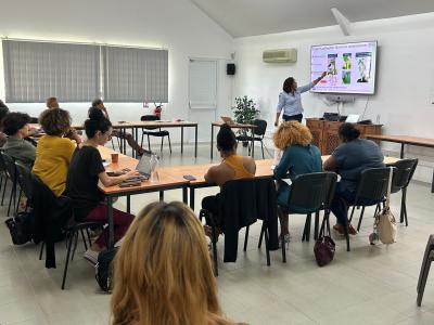 Présentation de la méthode de multiplication et d’assainissement de gros-thym par Régine Coranson-Beaudu. © J. Réminy, Cirad